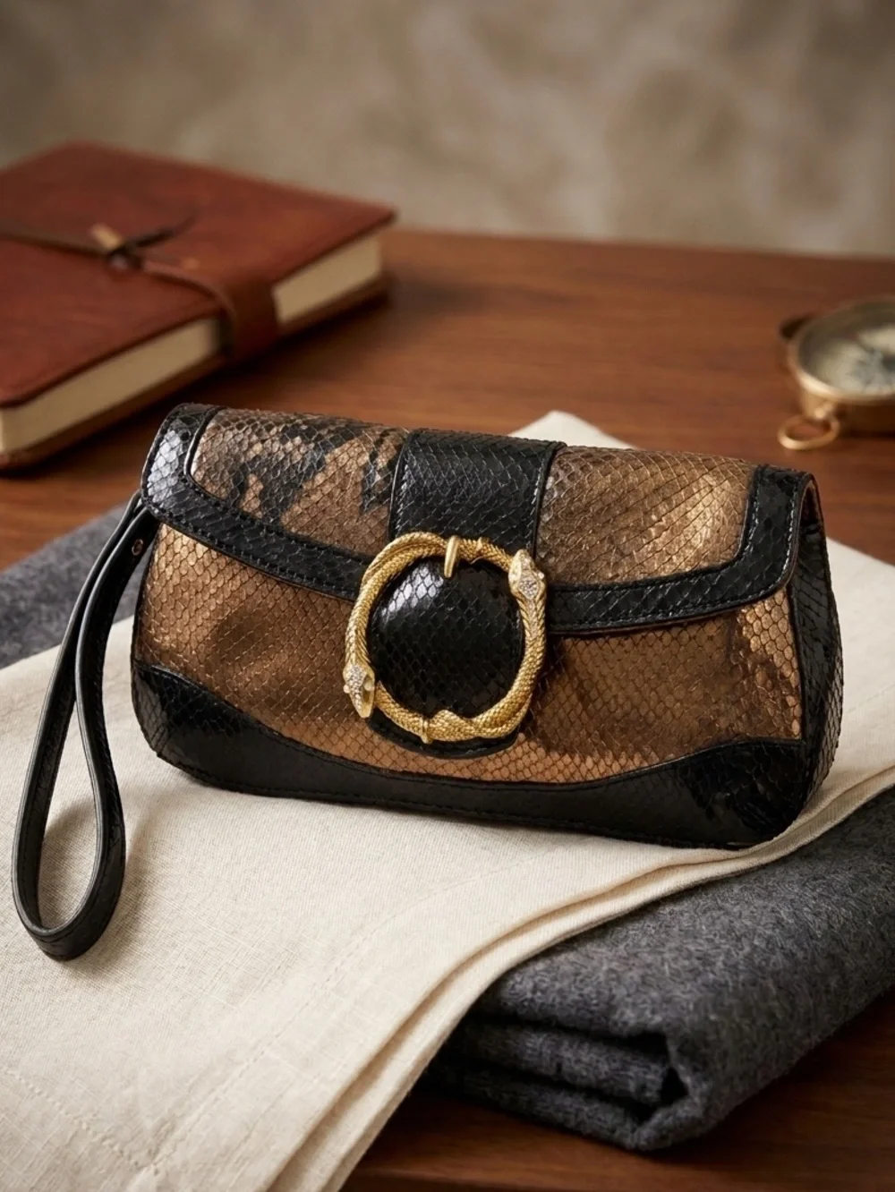 Doncaster Embossed Snakeskin Leather Clutch Bronze Gold‎ Rhinestone Snake
